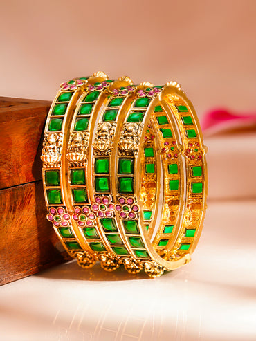 Gold Plated Emerald Inlay Deity Bangles Set of 4