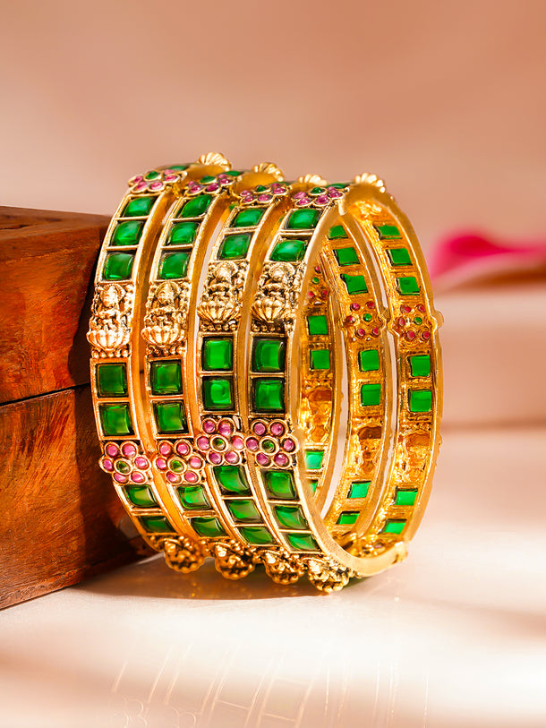 Gold Plated Emerald Inlay Deity Bangles Set of 4