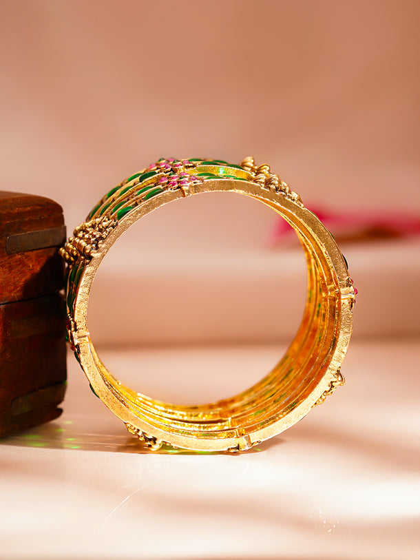 Gold Plated Emerald Inlay Deity Bangles Set of 4