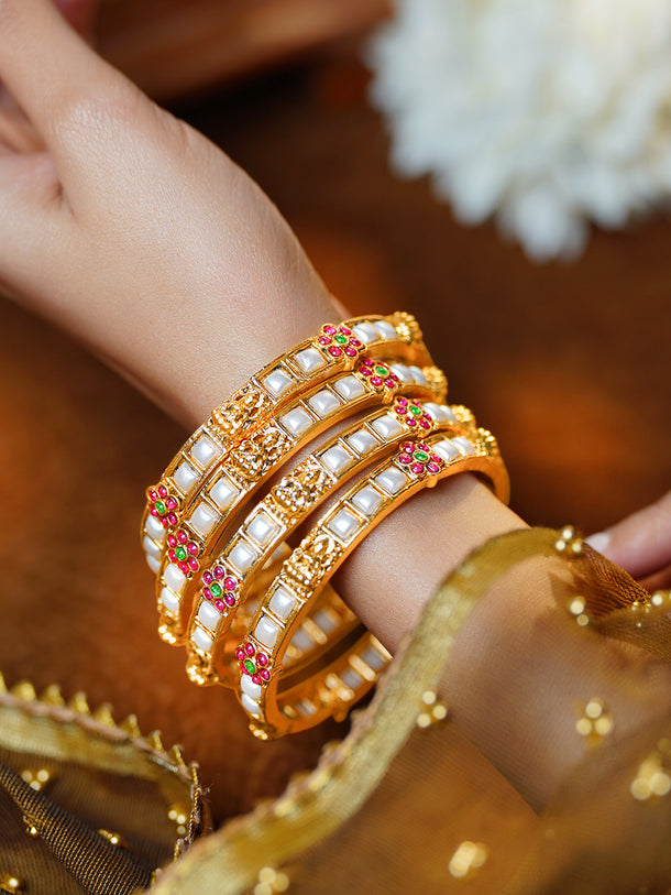 Gold Plated Pearl Inlay Deity Bangles Set of 4
