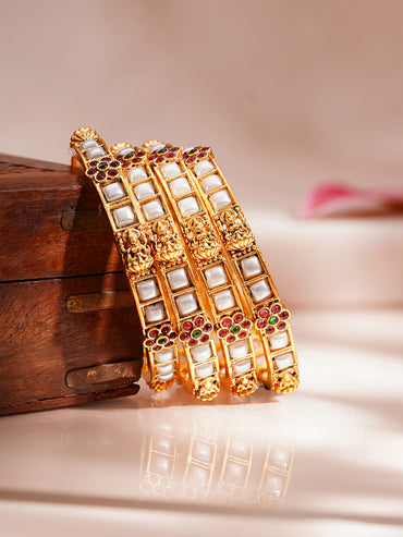 Gold Plated Pearl Inlay Deity Bangles Set of 4