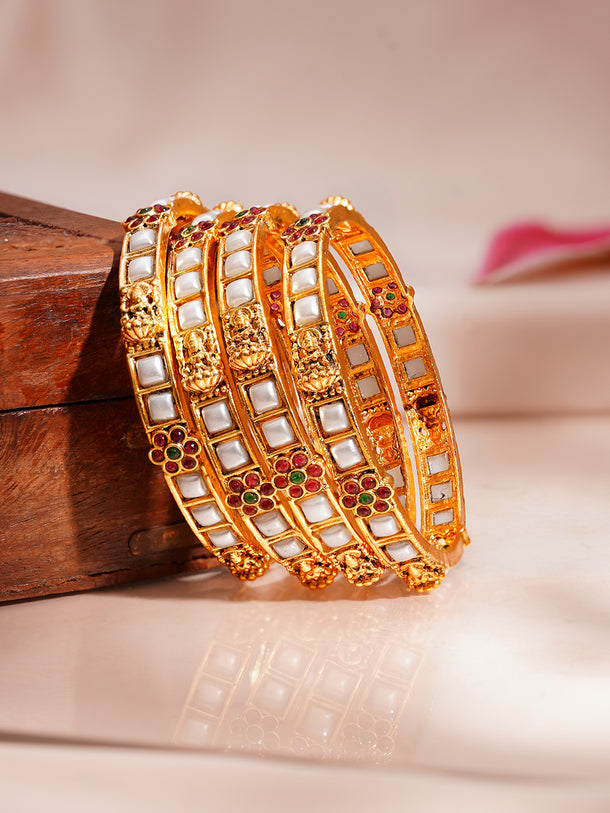 Gold Plated Pearl Inlay Deity Bangles Set of 4