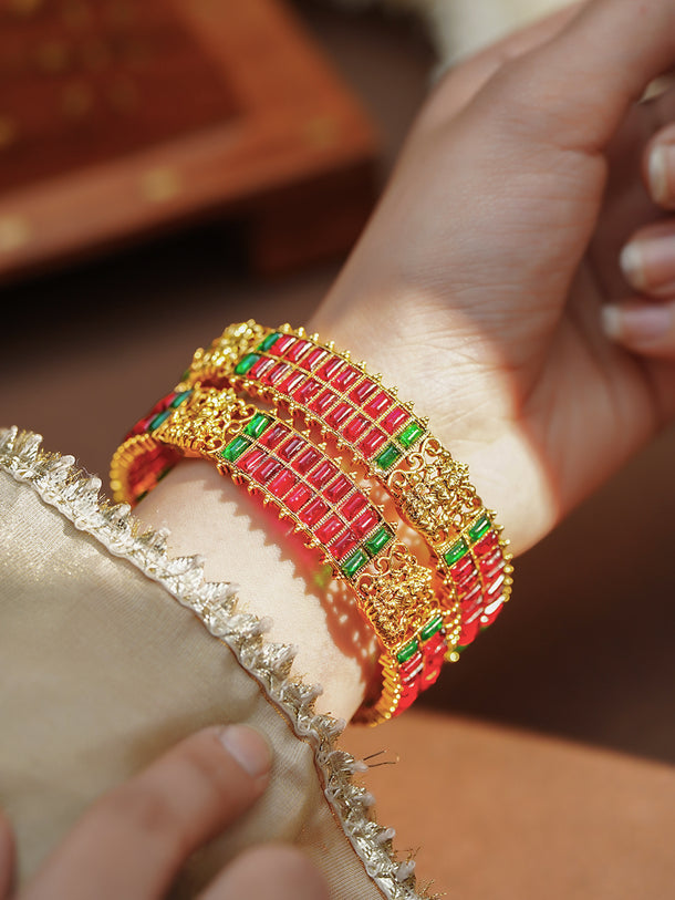 Gold Plated Ruby Emerald Baguette Temple Bangles Set of 2