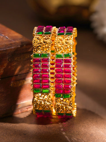 Gold Plated Ruby Emerald Baguette Temple Bangles Set of 2