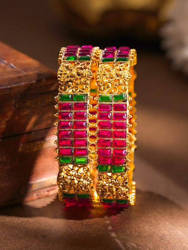 Gold Plated Ruby Emerald Baguette Temple Bangles Set of 2