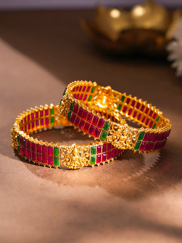 Gold Plated Ruby Emerald Baguette Temple Bangles Set of 2