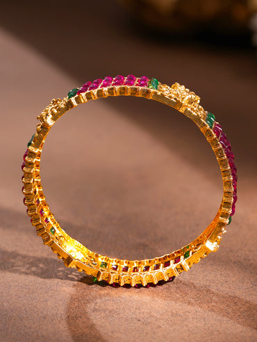 Gold Plated Ruby Emerald Baguette Temple Bangles Set of 2