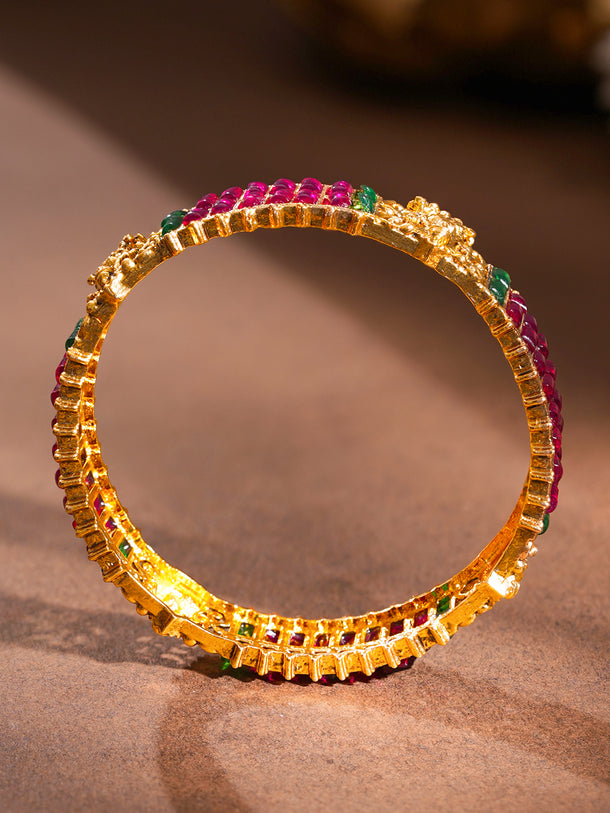 Gold Plated Ruby Emerald Baguette Temple Bangles Set of 2