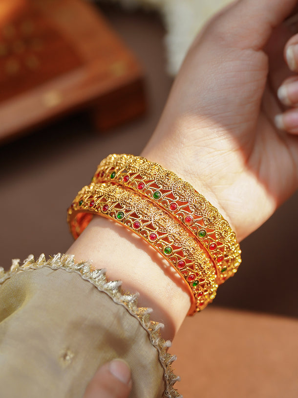 Gold Plated Medallion Ruby Emerald Temple Bangles Set of 2