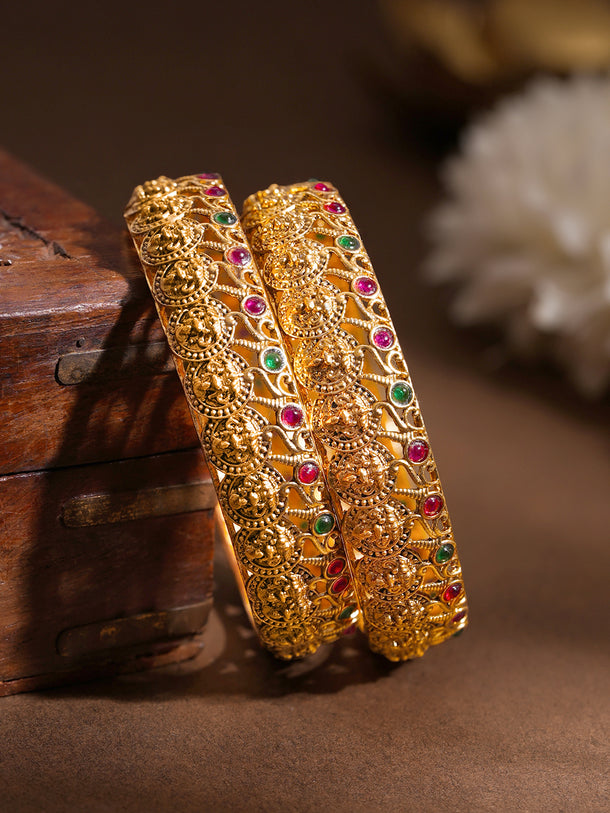Gold Plated Medallion Ruby Emerald Temple Bangles Set of 2