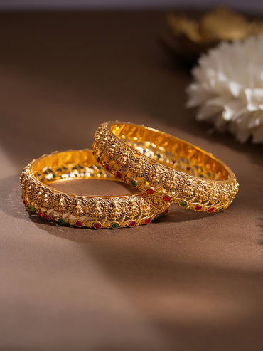 Gold Plated Medallion Ruby Emerald Temple Bangles Set of 2