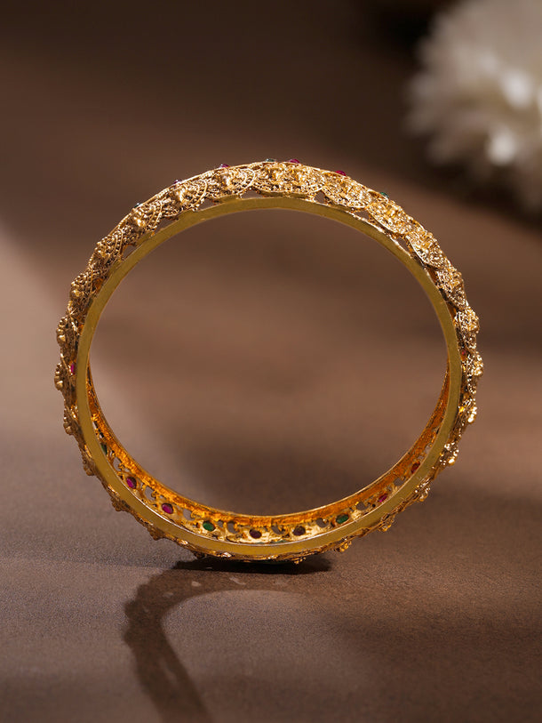 Gold Plated Medallion Ruby Emerald Temple Bangles Set of 2