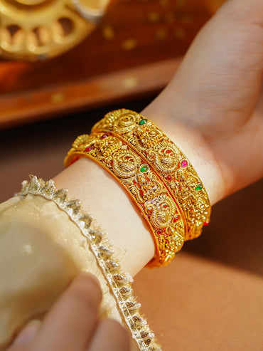 Gold Plated Peacock Ruby Emerald Statement Bangles Set of 2