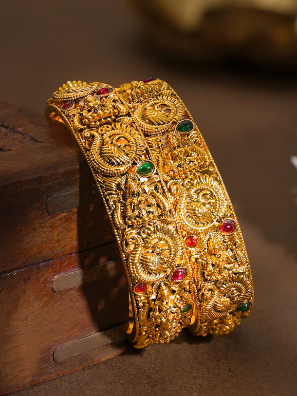 Gold Plated Peacock Ruby Emerald Statement Bangles Set of 2