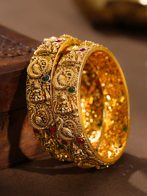Gold Plated Peacock Ruby Emerald Statement Bangles Set of 2