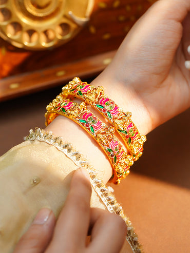 Gold Plated Pink Lotus Enamel Temple Bangles Set of 2