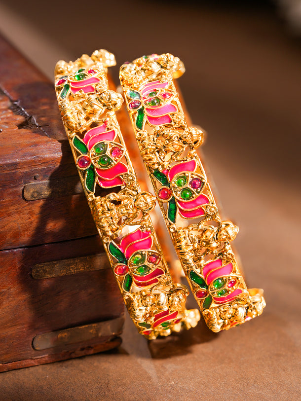 Gold Plated Pink Lotus Enamel Temple Bangles Set of 2