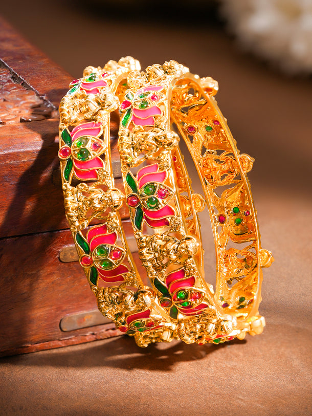 Gold Plated Pink Lotus Enamel Temple Bangles Set of 2