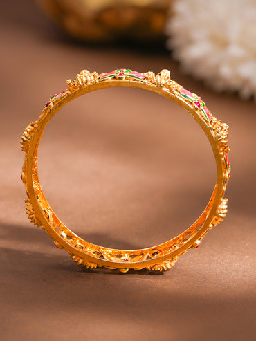 Gold Plated Pink Lotus Enamel Temple Bangles Set of 2