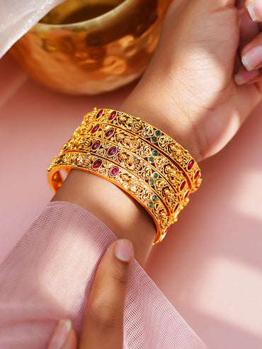Gold Plated Ruby Heart Temple Statement Bangles Set of 4