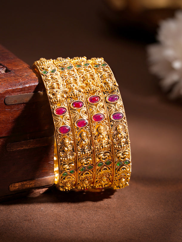 Gold Plated Ruby Heart Temple Statement Bangles Set of 4