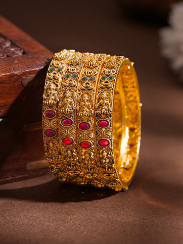 Gold Plated Ruby Heart Temple Statement Bangles Set of 4