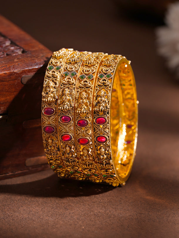 Gold Plated Ruby Heart Temple Statement Bangles Set of 4