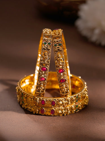 Gold Plated Ruby Heart Temple Statement Bangles Set of 4