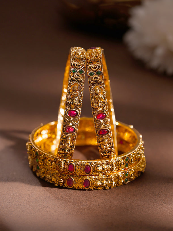 Gold Plated Ruby Heart Temple Statement Bangles Set of 4
