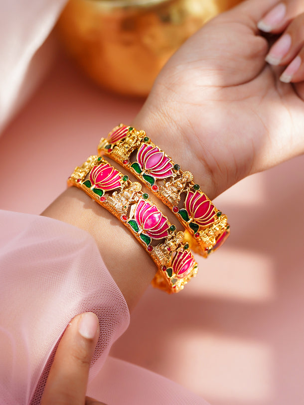 Gold Plated Pink Lotus Enamel Statement Bangles Set of 2