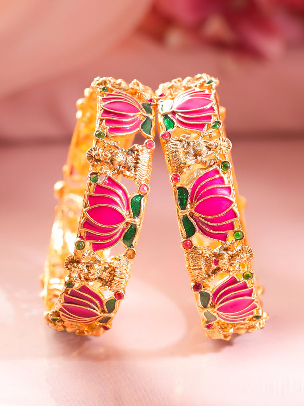 Gold Plated Pink Lotus Enamel Statement Bangles Set of 2