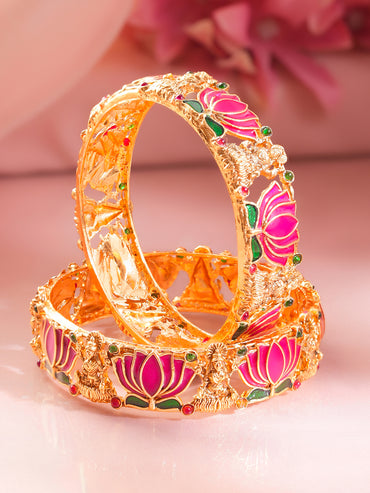 Gold Plated Pink Lotus Enamel Statement Bangles Set of 2