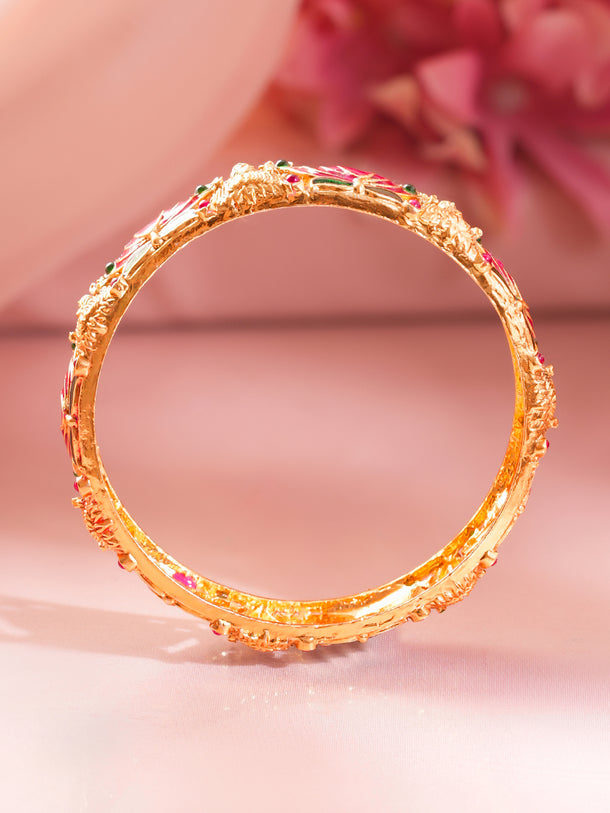 Gold Plated Pink Lotus Enamel Statement Bangles Set of 2