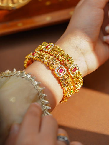 Gold Plated Ruby Peacock Temple Statement Bangles Set of 2