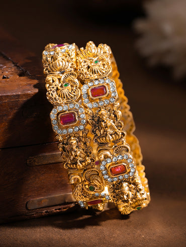 Gold Plated Ruby Peacock Temple Statement Bangles Set of 2