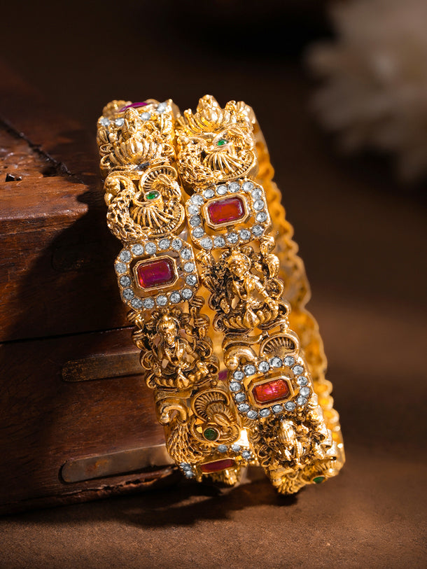 Gold Plated Ruby Peacock Temple Statement Bangles Set of 2