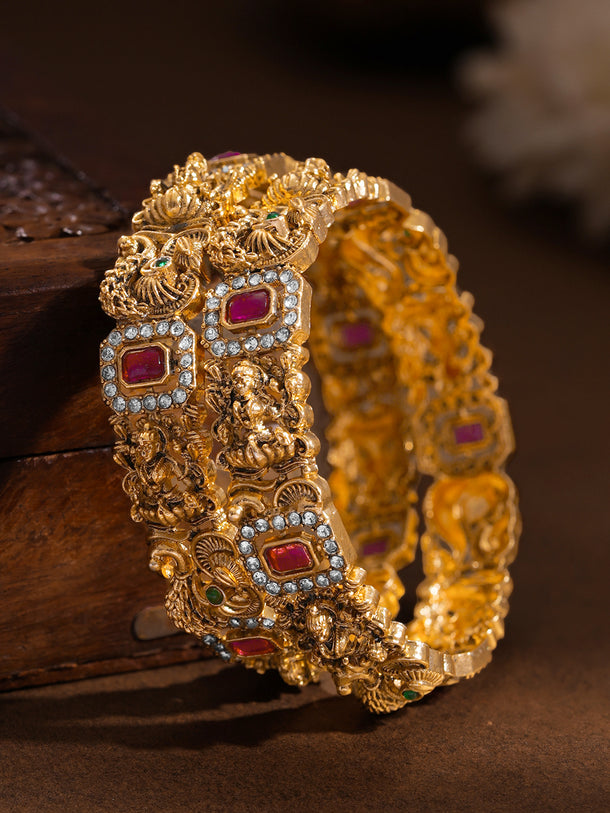 Gold Plated Ruby Peacock Temple Statement Bangles Set of 2