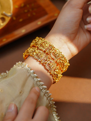 Gold Plated Temple Deity Carved Statement Bangles Set of 2