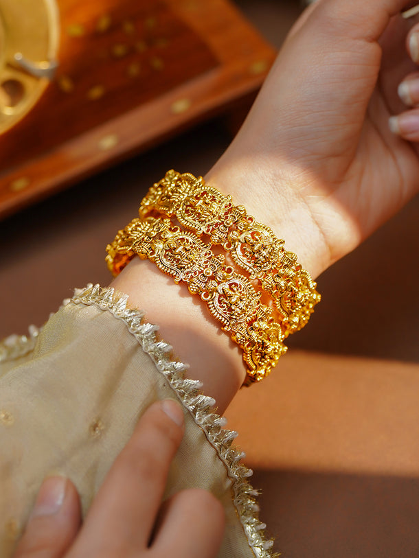 Gold Plated Temple Deity Carved Statement Bangles Set of 2