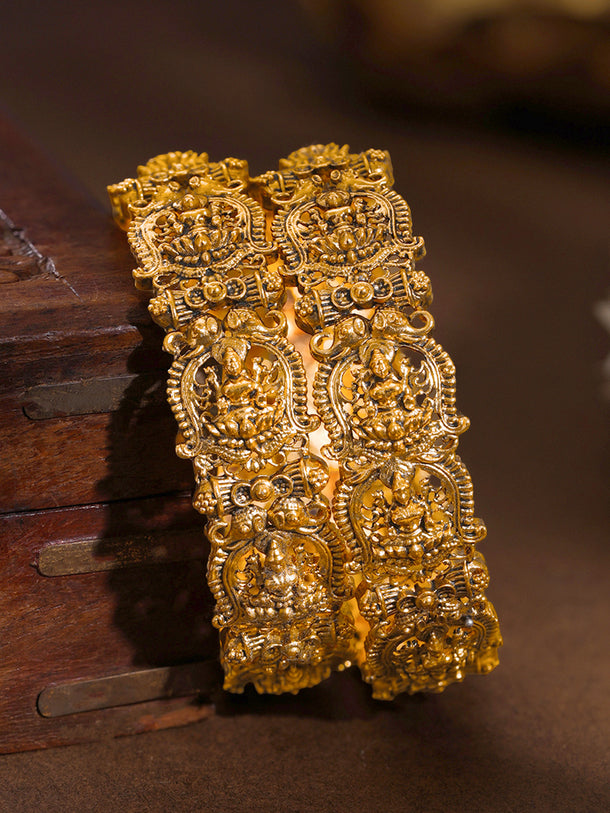 Gold Plated Temple Deity Carved Statement Bangles Set of 2
