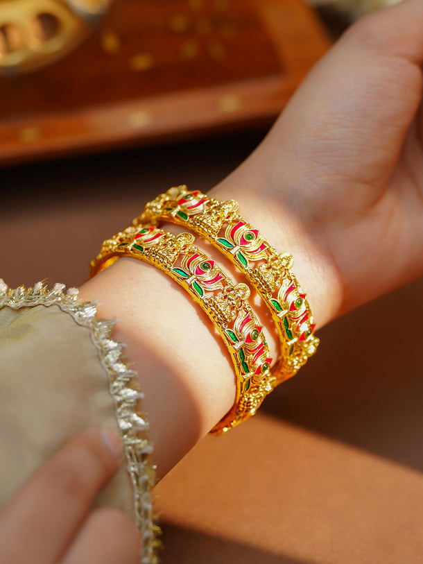 Gold Plated Lotus Eye Enamel Bangles Set of 2