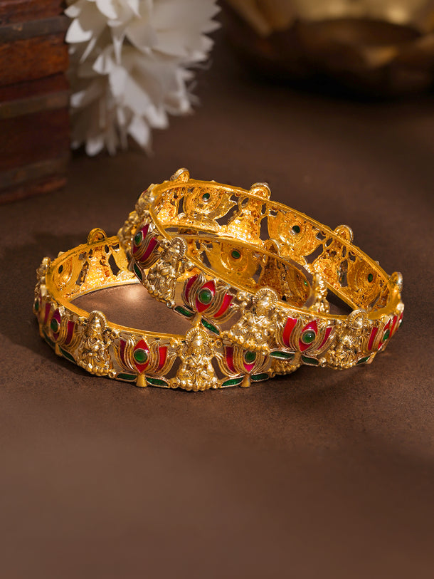 Gold Plated Lotus Eye Enamel Bangles Set of 2