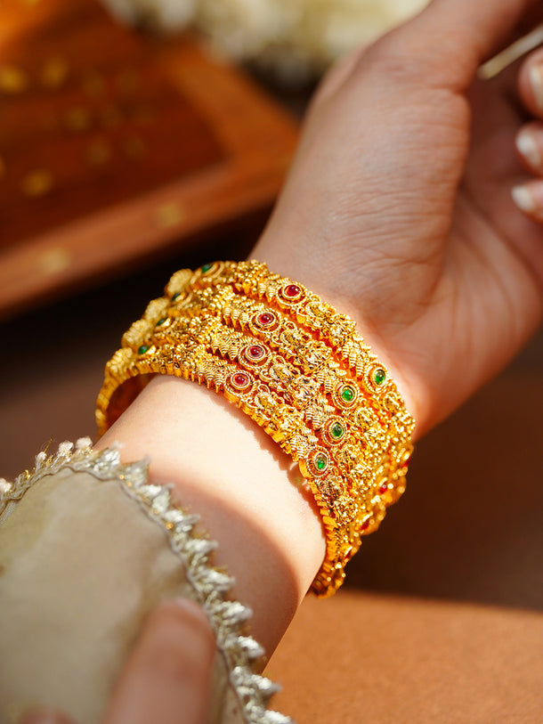 Gold Plated Lakshmi Ruby Emerald Bangles Set of 4