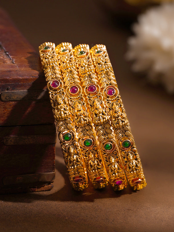 Gold Plated Lakshmi Ruby Emerald Bangles Set of 4