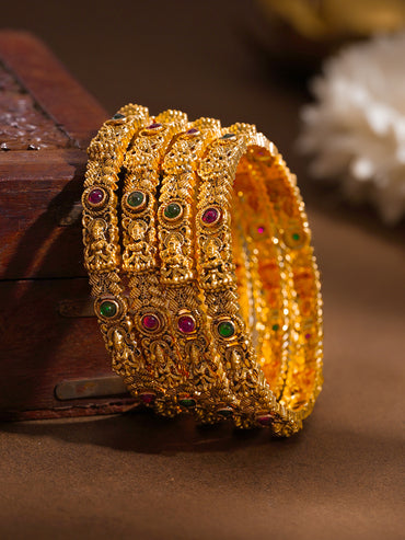 Gold Plated Lakshmi Ruby Emerald Bangles Set of 4