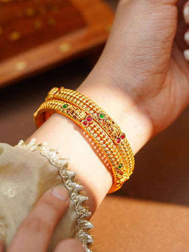 Gold Plated Ruby Emerald Floral Statement Bangles Set of 2