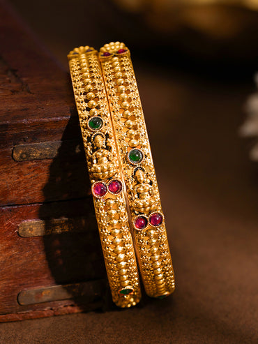 Gold Plated Ruby Emerald Floral Statement Bangles Set of 2