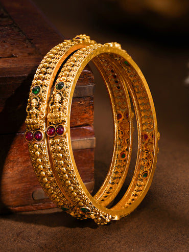 Gold Plated Ruby Emerald Floral Statement Bangles Set of 2