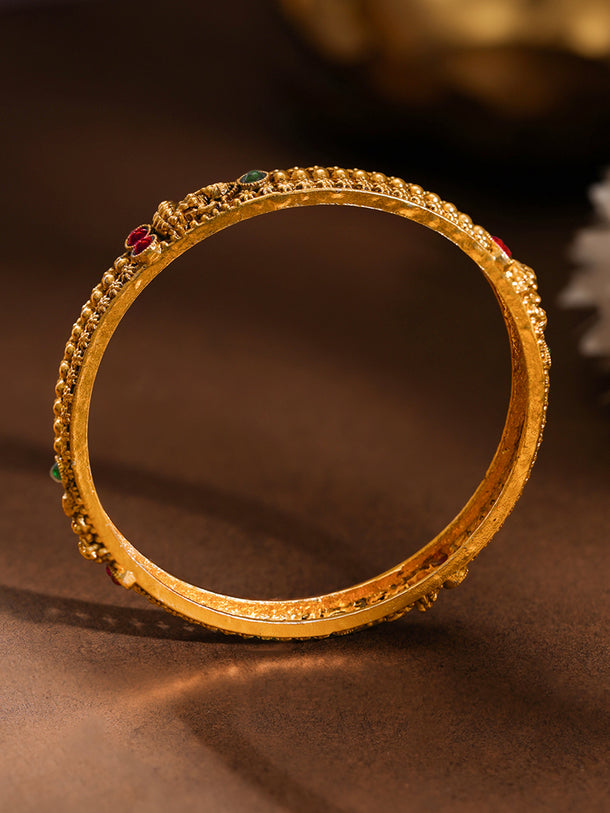 Gold Plated Ruby Emerald Floral Statement Bangles Set of 2