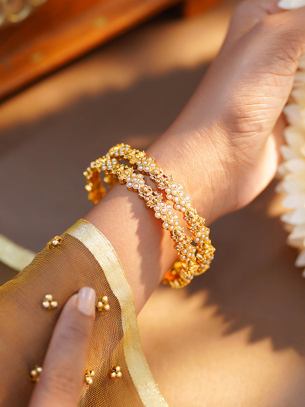 Rubans Set of 2 Gold Plated Laxmi Motif Floral Pearl Bangles